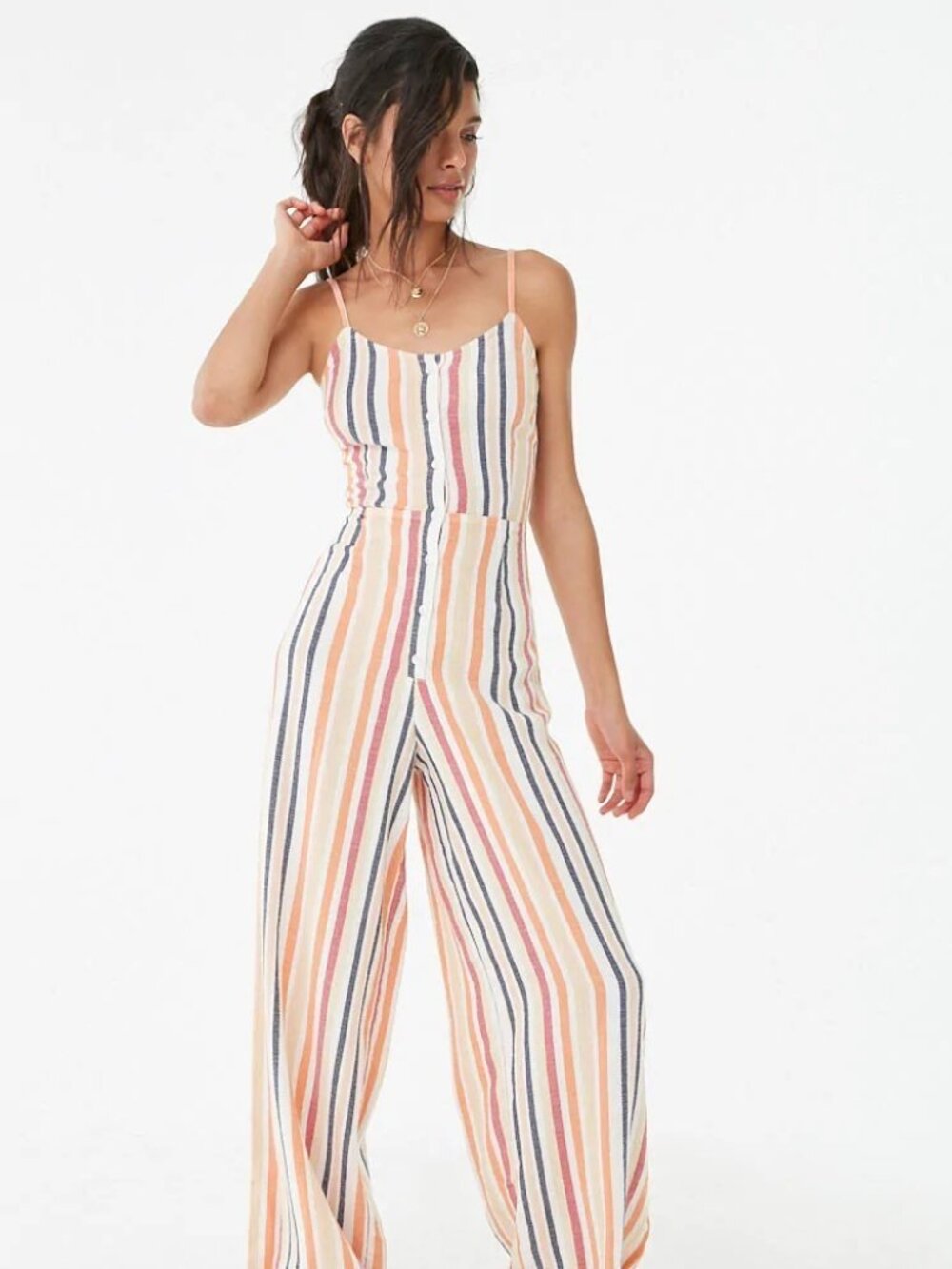 Linen-Blend Jumpsuit with Vibrant Multicolor Stripes from Forever 21